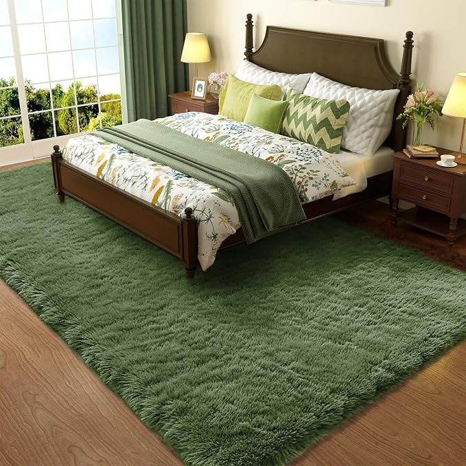 Ophanie Gray Green Rug Grass Area Rugs for Bedroom,4x6 Shag Fluffy Carpet,Fuzzy Furry Plush Soft Cute Kids Baby Girls Shaggy Bedside Floor Carpets for Teen Dorm Decor with Over 99 pcs Pile fibers