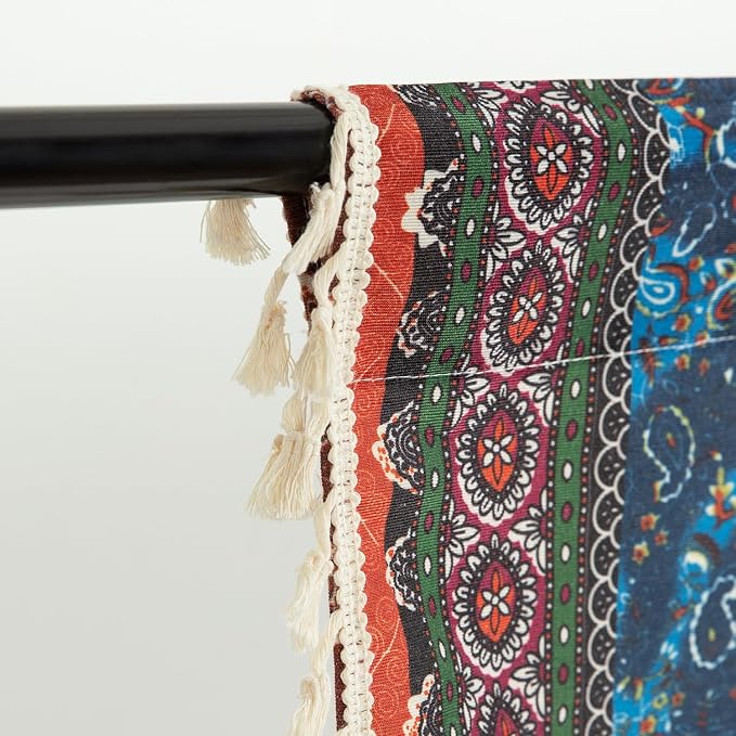 VOGOL Boho Semi Blackout Kitchen Valances, Striped Geo Pattern Decorative Window Treatments with Tassel, 1 Panel Rod Pocket Valance for Bathroom, 52 x 12 Inches