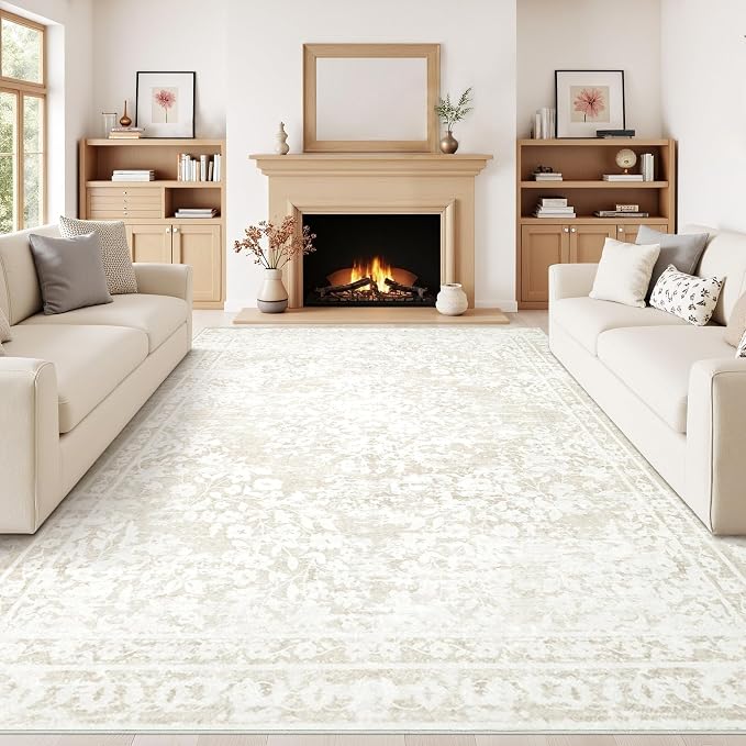 Vintage Living Room Area Rug - 9x12 Large Machine Washable Boho Area Rug Distressed Floral Rugs for Bedroom, Soft Non-Slip Indoor Floor Accent Rugs for Office Dining Room (Cream Beige, 9'x12')