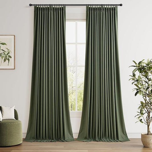 Joywell Olive Green 100% Blackout Pinch Pleat Linen Curtains 120 Inches Long for Bedroom Living Room Pinch Pleated Thermal Insulated Soundproof Extra Long Linen Curtains Farmhouse Dark Green 40x120