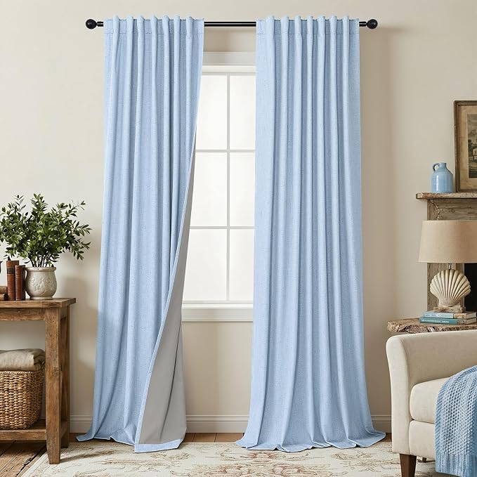 Total Blackout Baby Blue Linen Curtains 108 Inches Long 2 Panel Set Light Blue Pale Sky Colored Floor to Ceiling Thermal Spring Summer Curtain for Living Room Bedroom Patio Sliding Door Drape Back Tab