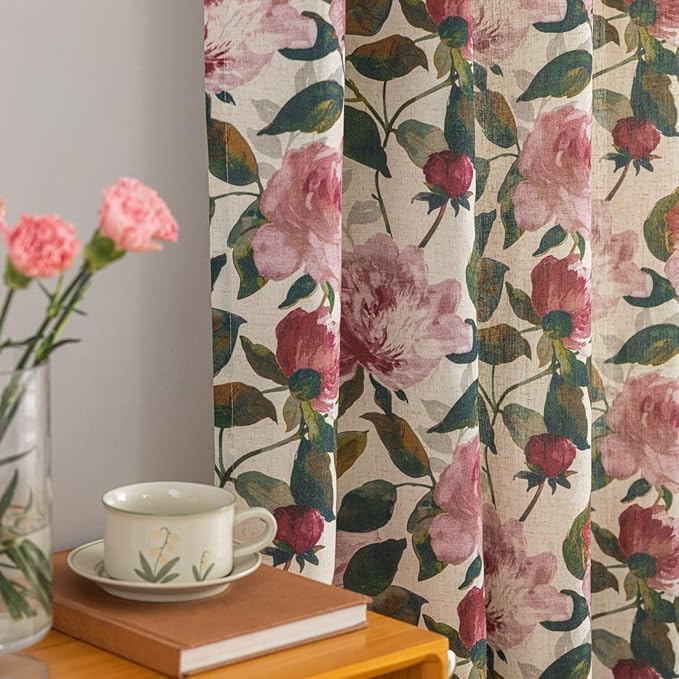 ALIGOGO Floral 90 inch Curtains for Living Room - French Country Pink Linen Curtains 90 Inches Long Farmhouse Light Filtering Grommet Cottagecore Privacy Drapes, 50 x 90 Inch, 2 Panels, Pink
