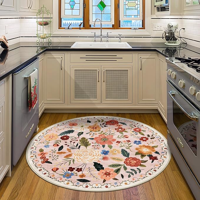 4ft Round Machine Washable Area Rug for Living Room, Beige Pink Vintage Boho Floral Rug Non-Slip Low Pile Soft Faux Wool Carpet Kids and Pets Friendly for Bedroom Nursery Farmhouse Home Decor Rug