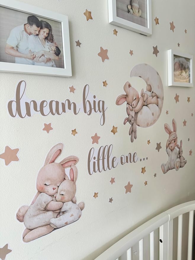 Nursery Wall Stickers, Baby Girl Room Decor, Bunny Wall Decal, Boho Toddler Decor, Beige Peel and Stick Animal Decals for Nursery or Girls Bedroom.