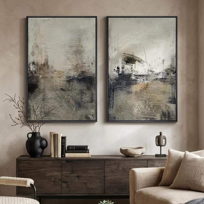 Large Framed Neutral Abstract Wall Art Set of 2 for Living Room, Wabi Sabi Modern Minimalist Black Grey Canvas Artwork for Walls, Rustic Abstract Painting Print Wall Decor for Bedroom Office, 24x36 In