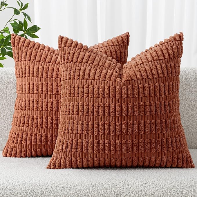 MIULEE Fall Pack of 2 Dark Rust Corduroy Decorative Euro Sham Pillow Covers 26x26 Inch Soft Boho Striped Throw Pillow Covers Modern Farmhouse Home Decor for Sofa Living Room Couch Bed