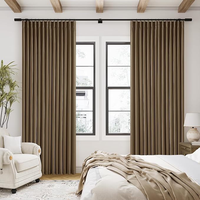 Dutch Cocoa Blackout Linen Curtains 108 Inches Long for Bedroom Pinch Pleated Black Out Curtains Lined 2 Layers Memory Shape Noise Reducing Rustic Farmhouse Living Room Darkening Window Drapes Brown