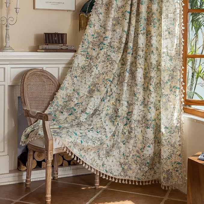 OYX Boho Floral Curtains 84 Inch, Linen Farmhouse Flower Drapes with Lace & Tassels, Light Filtering Semi Sheer Curtains for Living Room Bedroom, 2 Panels