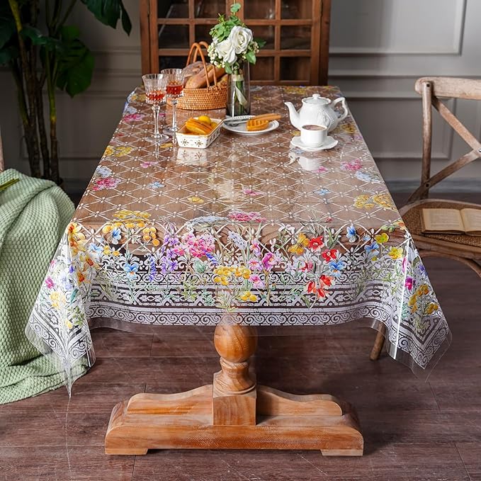 ARTABLE Clear Table Cover Protector Vinyl PVC Rectangle Table Cloth with Floral Print Pattern Oil Proof Wipe-able Plastic Tablecloths for Dining Tables Parties Holidays (Flowers, 55 x 120 Inches)