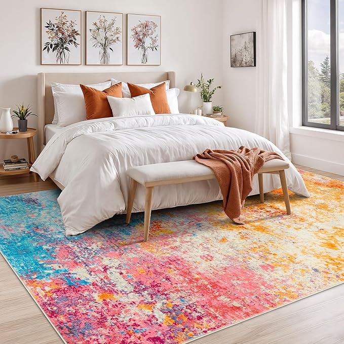Rugflix 10x14 Area Rugs for Living Room, Washable Colorful Rainbow Rug Stain-Resistant Low Pile, Large Carpet Non-Slip for Kids Girls Room Nursery Bedroom Home Office