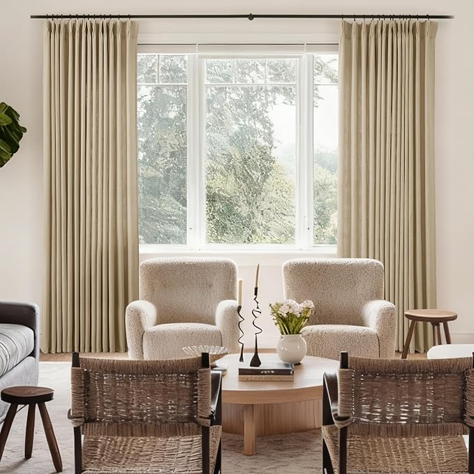 Tan Curtains 84 inches Long 2 Panel Set for Living Room Camel Beige Rustic Farmhouse Pinch Pleated Drapes Memory Trained Light Filtering Linen Curtain with Pinch Pleat Clips 84" Ceiling Length Kahki