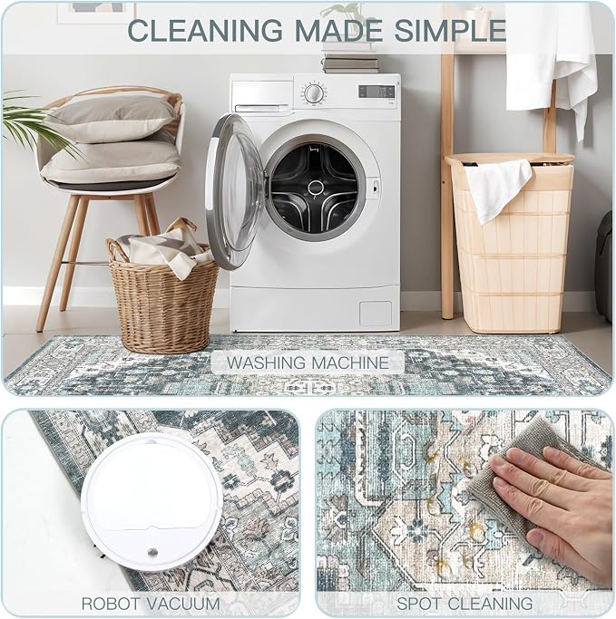 Washable Runner Hallway Rug,Low Pile 2x8 Non Slip Non-Shedding Kitchen Carpet Soft Indoor Stain Resistant Rug for Bedroom Laundry Room Bathroom Blue Beige Multi