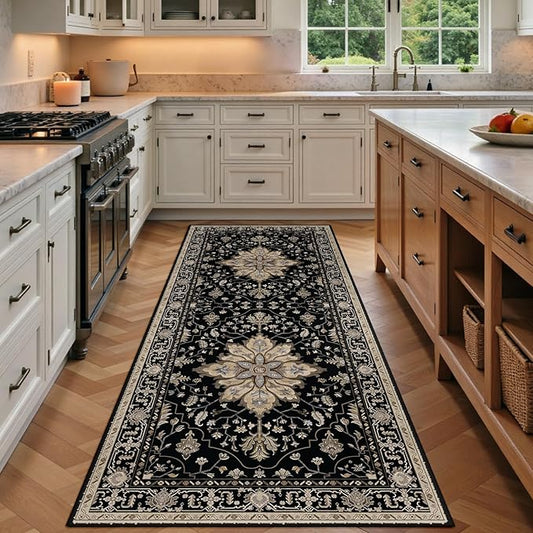 RELEANY Area Rugs Runner 3'x8' Washable Non-Slip, Floral Vintage Distress Medallion Carpet for Kitchen Hallway Bedroom Beside Laundry Room Bathroom, Black Brown Neutral Dark Tan