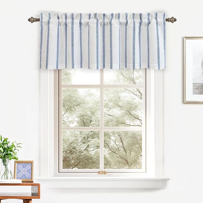 DriftAway Farmhouse Linen Lined Valance Double Layer Thermal Insulated Room Darkening Blackout Window Valances 3 Inch Rod Pocket Vertical Striped Kitchen Valance for Bathroom Single 52 x 18 Inch Navy