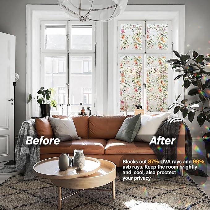 Ranzdn Window Privacy Film - Stained Glass Window Film Static Cling UV & Heat Blocking Rainbow Window Film for Glass Doors, Bedroom Windows - No Glue Premium Vinyl (Easy Install, 45.2"×157.4")