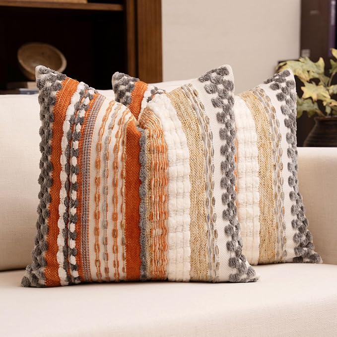 Boho Chenille Tufted Throw Pillow Covers 18x18 Inch Set of 2 Farmhouse Orange Grey Woven Striped Decorative Pillowcases for Couch Sofa Bed