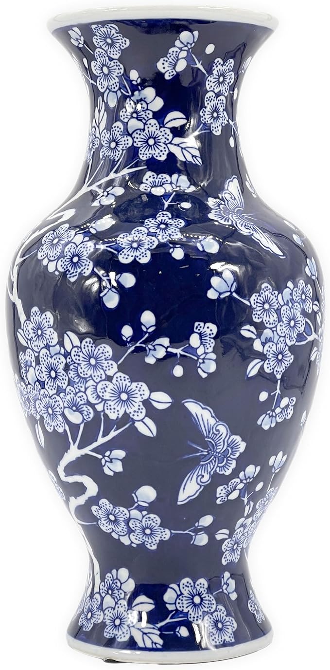 Galt International 14” Hand Painted Chinoiserie Ceramic Vase – Antique Style Porcelain Flower Bottle by Galt International, Fishtail Chinese Vase for Home Decor & Centerpiece - Dark Blue Floral