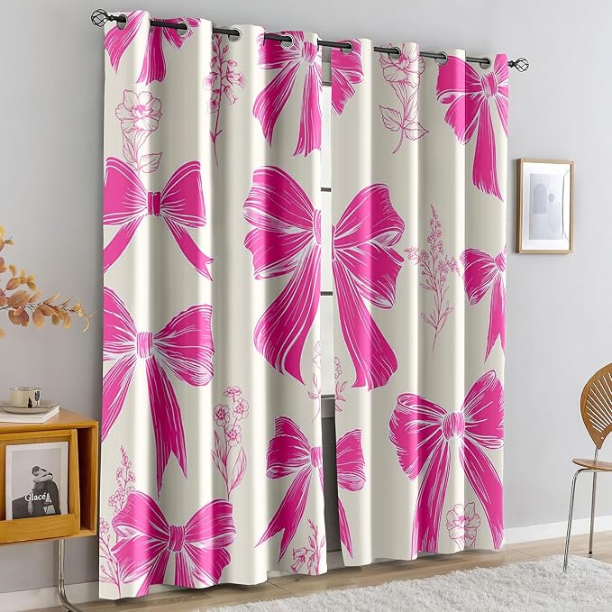 LUVIVIHOME Pink Floral Bow Curtains, Cute Blackout Curtains, Girls Bedroom Decor, Aesthetic Girly Curtains, 2 Panel Sets, 52x84 Inch