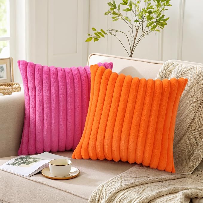 Pallene Faux Fur Plush Throw Pillow Covers 20x20 Set of 2, Luxury Soft Fluffy Striped Decorative Pillow Covers for Sofa, Couch, Living Room, Hot Pink