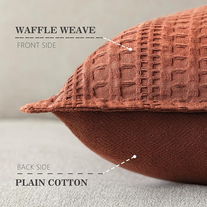 Foindtower Set of 2 Decorative Cotton Waffle Weave Throw Pillow Cover Euro Shams Cushion Covers Accent European Pillowcase For Bed Couch Sofa Bedroom Living Room Home Decor 20×20 Inch Fall Rust Orange