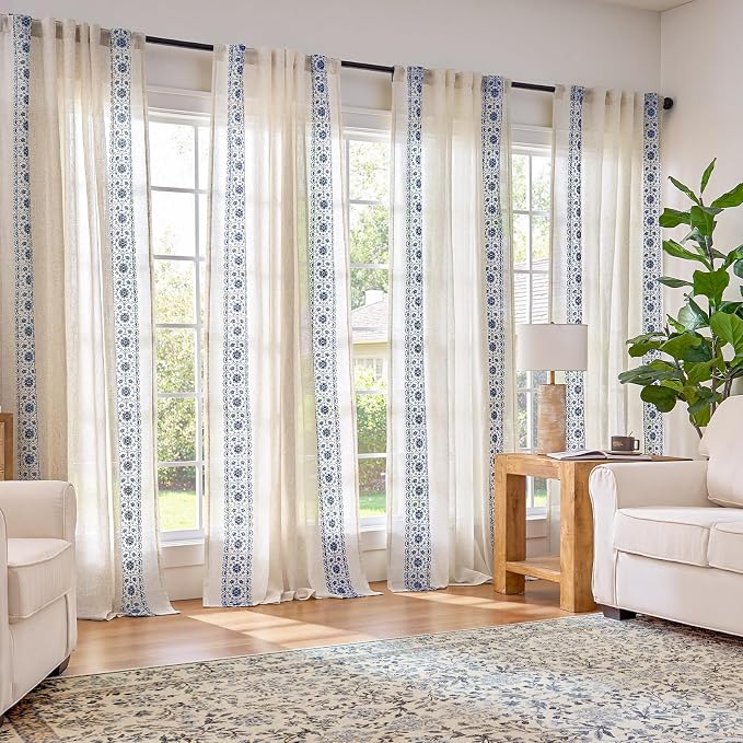 jinchan Weslie Boho Curtains for Bedroom Blue Vintage Floral Farmhouse Curtains 63 Inch Length Linen Drapes for Living Room Embroidered Light Filtering Drapes Rod Pocket Blue on Beige 2 Panels