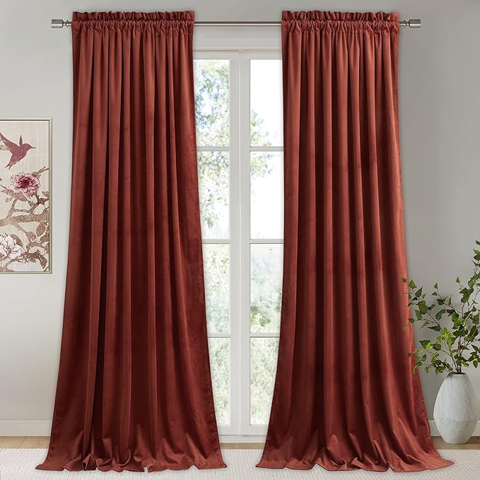 StangH Rust Curtains 90 inches - Luxury Velvet Holiday Home Decor Brick Red Light Blocking Backdrop Curtains Thick Window Covering for Bedroom, W52 x L90, 2 Panels