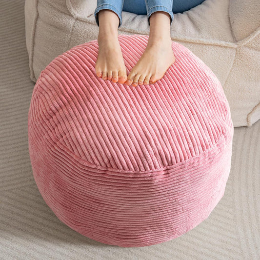 HIGOGOGO Round Stuffed Pouf Ottoman, Corduroy Poufs with Foam Chunk Filling, Furry and Fluffy Pouf Foot Stool Storage Ottoman, 20 X 15 Floor Poufs Foot Rest for Living Room, Pink