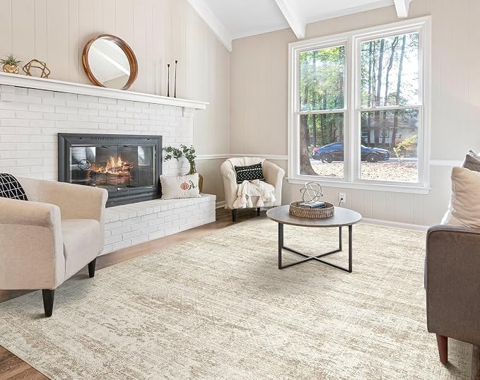 UERMEI 5x8 Washable Area Rug - Neutral Modern Abstract Living Room Rugs, Non-Slip Soft Large Indoor Floor Carpet for Bedroom Home Office & Under Dining Table Decor, Beige/Brown
