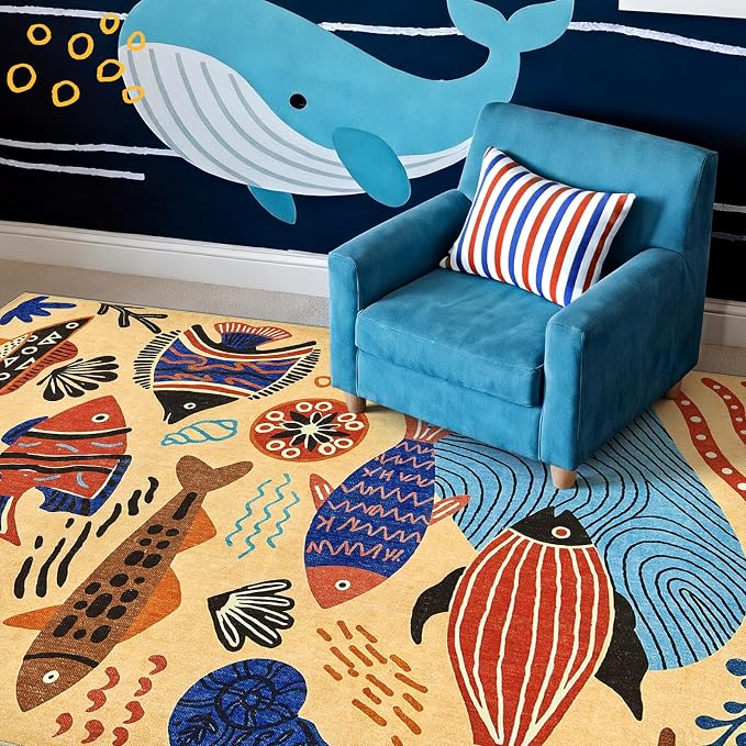 jinchan 5x7 Coastal Area Rug Kids Washable Fun Rug Colorful Ocean Fish Indoor Floor Cover Non Slip Lightweight Soft Cozy Carpet for Bedroom Nursery Playroom Daycare Living Room, Tan