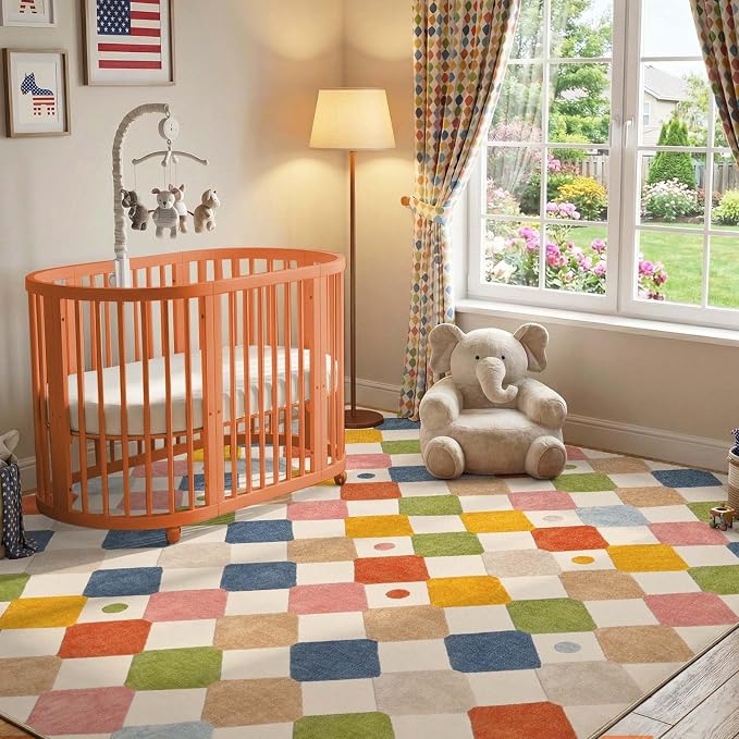 jinchan Macy Kids Area Rug for Classroom 8'x8' Square Rug Modern Colorful Nursery Rug Checkered Diamond Play Mat Washable Soft Non Slip Carpet for Playroom Living Room Bedroom Daycare Circus on Cream