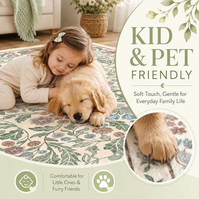 Floral 5x7 Area Rugs for Living Room, Machine Washable Vintage Rug Boho Low Pile Carpets Non Slip Soft Carpet for Farmhouse Bedroom Office Rugs, Kids Room, Nursery Room, Playroom, Beige