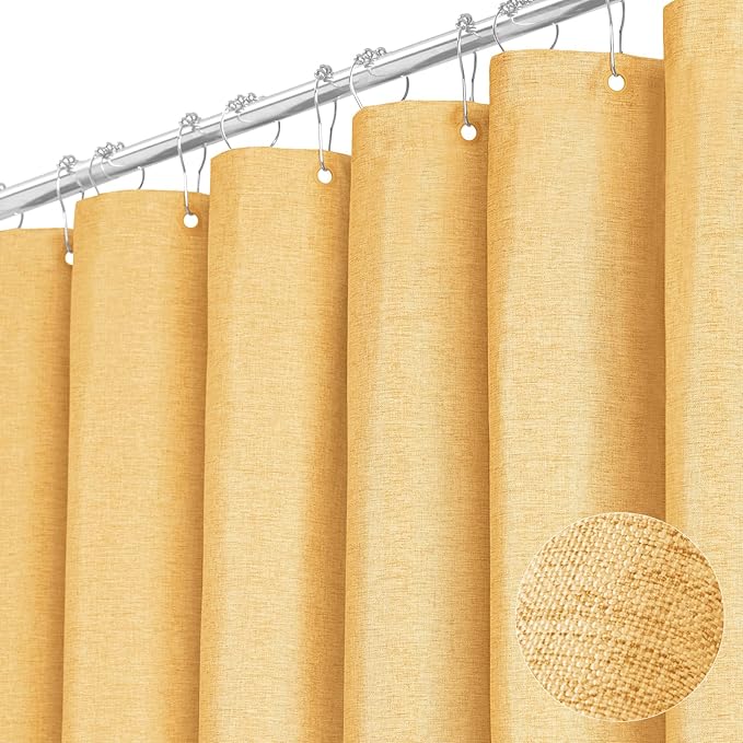 BTTN Gold Fabric Shower Curtain - Linen Textured Weighted Cloth Shower Curtain Set with 12 Plastic Hook, Machine Washable, Modern Hotel Spa Luxury, Decorative Neutral Bath Curtains for Bathroom, 72x72