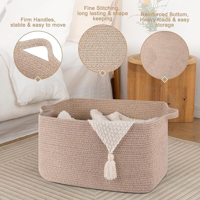 65L Cotton Rope Large Blanket Basket (19.7"x15.7"x11.8") for Living Room, Kids Room & Laundry, Storage Basket with Handle for Organizing Blankets, Pillows, Clothes & Toys, Brown