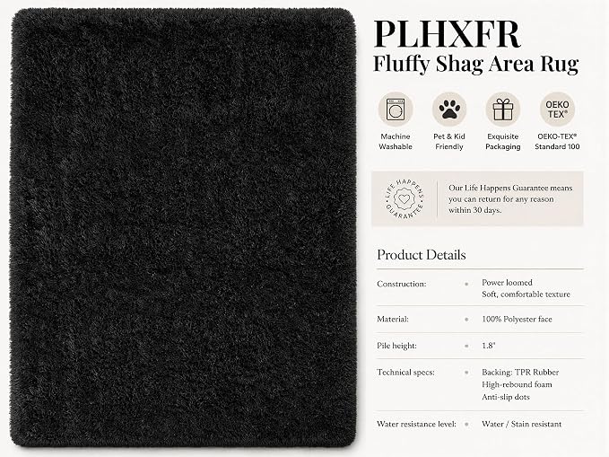 Area Rug for Living Room Bedroom: 9x12 Black Soft Fluffy Shag Upgrade Non-Slip High Pile Carpet Large Fuzzy Plush Indoor Floor Decor Shaggy Rug for Kid Boys Girls Dorms Playroom Nursery Modern Home