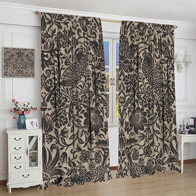William Morris Style Blackout Window Curtains, Vintage Flower Birds Medieval Abstract Floral Window Drapes, for Living Room Bedroom 31.5(W)*63(L) 2 Panels