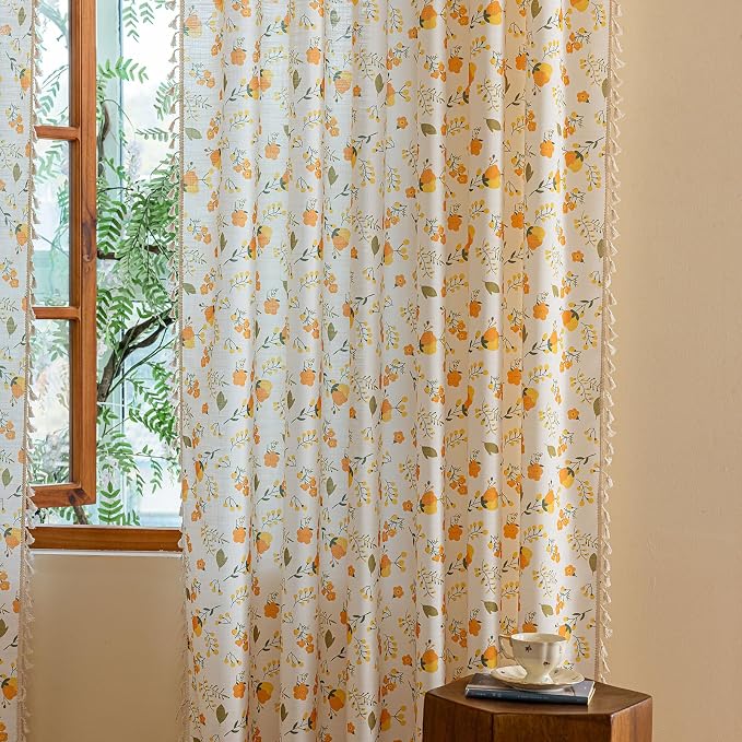 OYX Floral Boho Curtains 2 Panels Short 96 Inch Curtains Patterned Semi Sheer Living Room Drapes Farmhouse Boho Window Curtain Panels with Tassel Beige Rod Pocket Bedroom Drapes