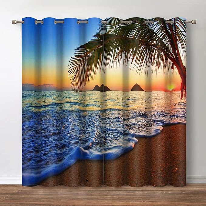 Jekeno Sea Sunset Blackout Curtains - Tropical Beach Ocean Sunset with Palm Trees Nature Scenery Print Blocking Curtain Decor Home Bedroom Living Room Grommet Window Drapes 2 Panel Set, 42" x 54"