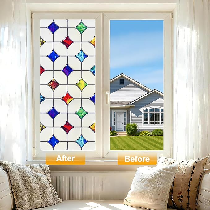 Stained Glass Window Film - Non-Adhesive Colorful Privacy Film, Frosted Mosaic, 35.4 X 157.4 in - Reusable & Renter Friendly for Bedroom/Bathroom Room Decor