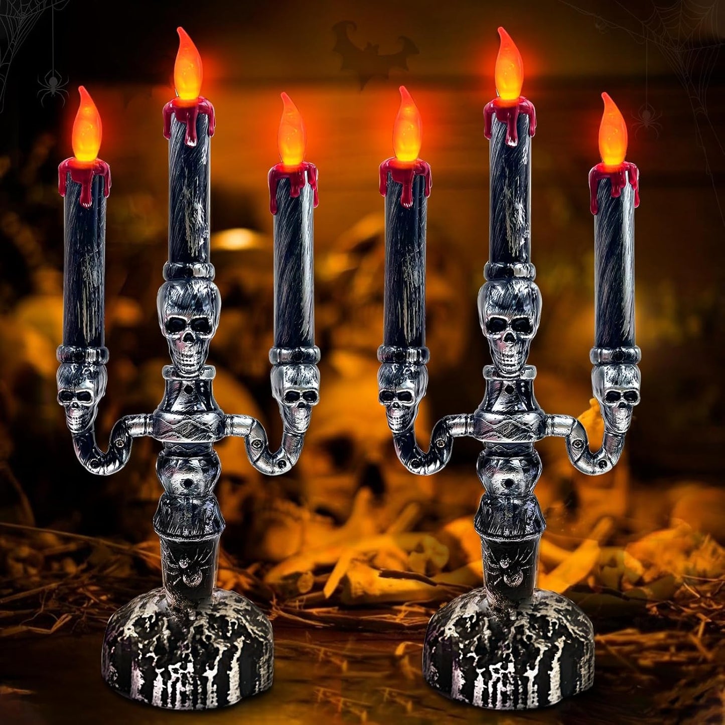 TURNMEON 2 PCS Skull Halloween Candles Lamp,Halloween Decorations Indoor 3-Candles Candelabra LED Lights Battery Operated Candles Holder, Halloween Decor for Home Table Party Room Scary Haunted House