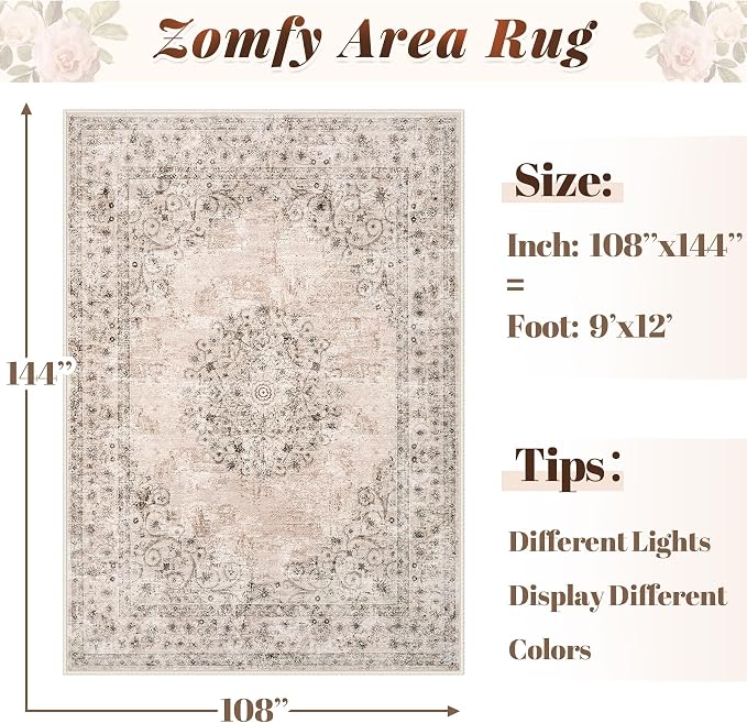 Area Rug 9x12 Vintage Rug: Large Washable Indoor Medallion Rugs Low Pile Distressed Floor Carpet Retro Accent Rug for Living Room Bedroom Kitchen Dining Table Home Office(Distressed Brown, 9'x12')