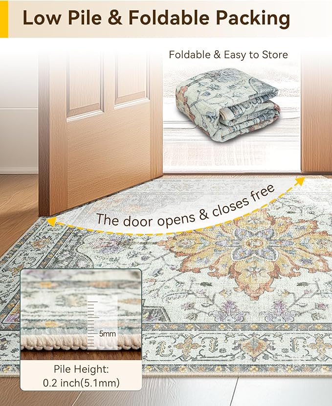 RELEANY Area Rugs Runner 2'6"x12' Washable Non-Slip, Floral Vintage Distress Medallion Carpet for Kitchen Hallway Bedroom Beside Laundry Room Bathroom, Beige Carbon Grey Orange