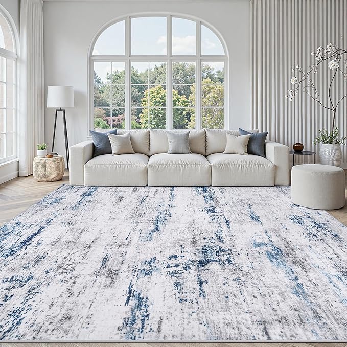 Area Rugs 10x14 Living Room: Large Soft Washable Rug Modern Abstract Anti-Skid Non-Shedding Carpet Indoor Floor Thin Carpets for Bedroom Dining Room Farmhouse Nursery Home Office White Gray Blue