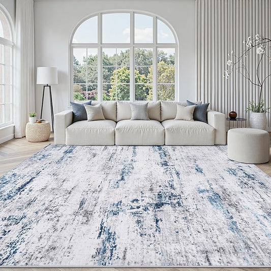 Area Rugs 10x14 Living Room: Large Soft Washable Rug Modern Abstract Anti-Skid Non-Shedding Carpet Indoor Floor Thin Carpets for Bedroom Dining Room Farmhouse Nursery Home Office White Gray Blue