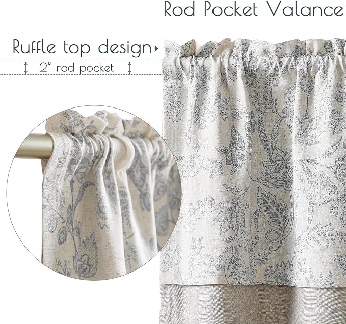 jinchan Linen Valance Curtain Farmhouse Grey Floral Printed Small Window Curtain for Kitchen Rustic Country Light Filtering Valance for Living Room Bedroom 18 Inch Rod Pocket 1 Panel Gray on Beige