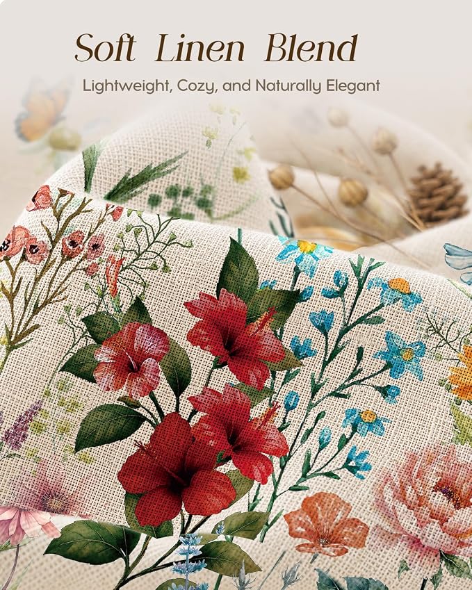 Miss Adola Valance Curtain for Windows - 16 Inch Linen Blend Farmhouse Floral Valance for Kitchen Living Room Bedroom Bathroom Vintage Country Short Curtain with Rod Pocket, 1 Panel