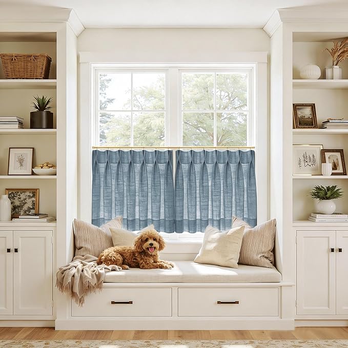 TWOPAGES 26" W x 30" L Linen Blend Cafe Curtains for Kitchen Window, Light Filtering Pinch Pleated Tier Curtains, Modern Farmhouse Half Window Curtains for Small Window, Aegean Blue, 2 Panels