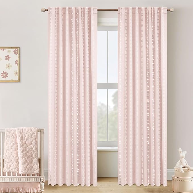 Lino Rosa Blush Pink Cute Blackout Curtains for Girls Room & Nursery, Boho Floral Striped Closet Curtain for Open Closet, Girly Coquette Shabby Chic Curtains for Teen Girls Bedroom 2 Panels, 84 Inch