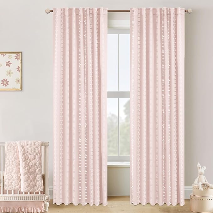Lino Rosa Light Baby Pink and White Preppy Curtains for Girls Bedroom, Boho Nursery Curtains Girl