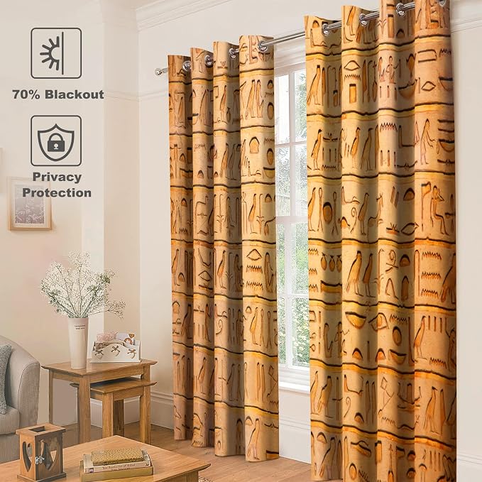 Jekeno Ancient Egypt Blackout Curtains - Vintage Egyptian Murals Hieroglyphs Theme Print Retro Decor Home Bedroom Living Room Darkening Grommet Window Drapes 2 Panel Set,52" x 84"