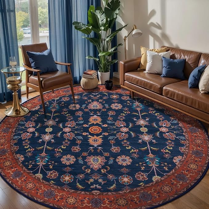 Tangsoo Vintage Round Rug 5ft Washable Circle Rug, Non Slip Boho Round Area Rug, Low Pile Red Blue Floral Circular Rugs,Machine Washable Round Carpet for Bedroom,Livingroom,Nursery,Dorm,Office,Dinning